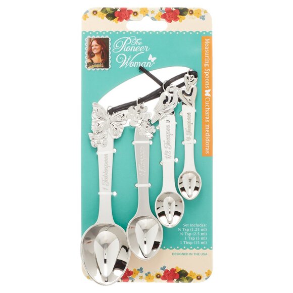 Pioneer Woman Metal Measuring Spoons Cowboy Rustic 4pc Butterfly Bird Floral New - Picture 1 of 4